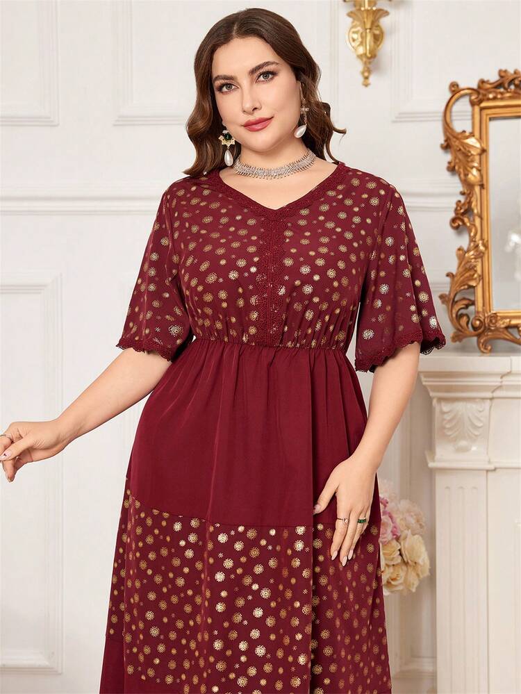 Burgundy Red Plus Size Embossed Printed Patchwork Dress