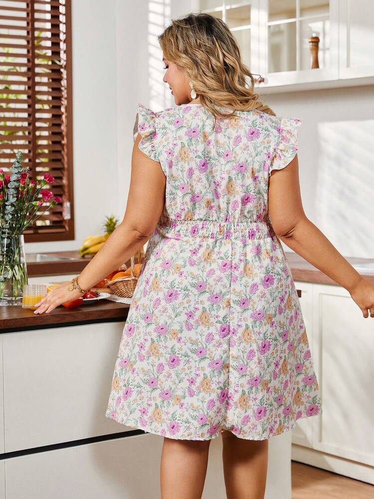 Plus Size Romantic Floral Print Cross V-Neck Ruffle Hem Dress
