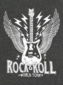 SHEIN Essnce 大尺碼吉他翼與字母印花休閒 T 卹 - 深灰色 - 查看 4