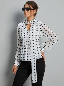 SHEIN Essnce Women Blouses Ruffle Hem Polka Dot Anggun - Hitam dan Putih - View 5
