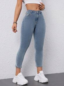 SHEIN EZwear Women's Slim Fit 3/4 Length Denim Pants - Medium Wash - View 5