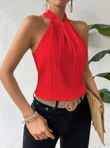 Chiquease Áo cổ yếm họa tiết trơn màu thanh lịch cho trang phục năm mới - Đỏ - Xem 3