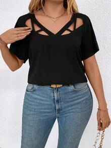 SHEIN LUNE 女士大尺碼露肩短袖上衣 - 黑色 - 查看 4