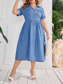 SHEIN Privé 大尺寸短袖牛仔襯衫連身裙 - 淺色水洗藍 - 查看 3