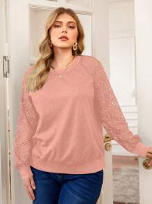 SHEIN LUNE Plus Size Women's Contrast Lace Raglan Long Sleeve Round Neck Sweatshirt Graduation,Back To School,Teacher Pullover Fall Winter Autumn - Pink - View 1