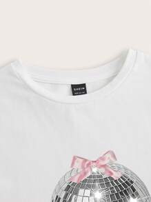 SHEIN EZwear Casual Pink Bow & Balloon Pattern Round Neck Short Sleeve Cropped Fitted Women T-Shirt, Cotton Blend, Suitable For Summer - White - View 4