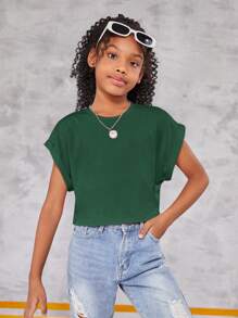 SHEIN Tween Girls' Knitted Solid Short Sleeve Casual Loose T-Shirt With Round Neckline - Green - View 5
