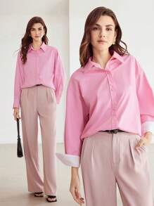 MOTF PREMIUM Dệt Của phụ nữ Thả vai Áo sơ mi - Hồng - Xem 2