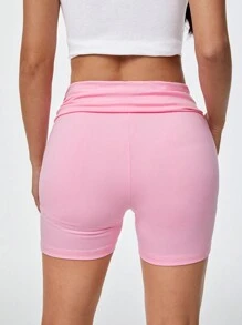 SHEIN Qutie Của phụ nữ Màu hồng Gấp lại Dây thắt lưng Cơ bản Quần short - Hồng - Xem 3
