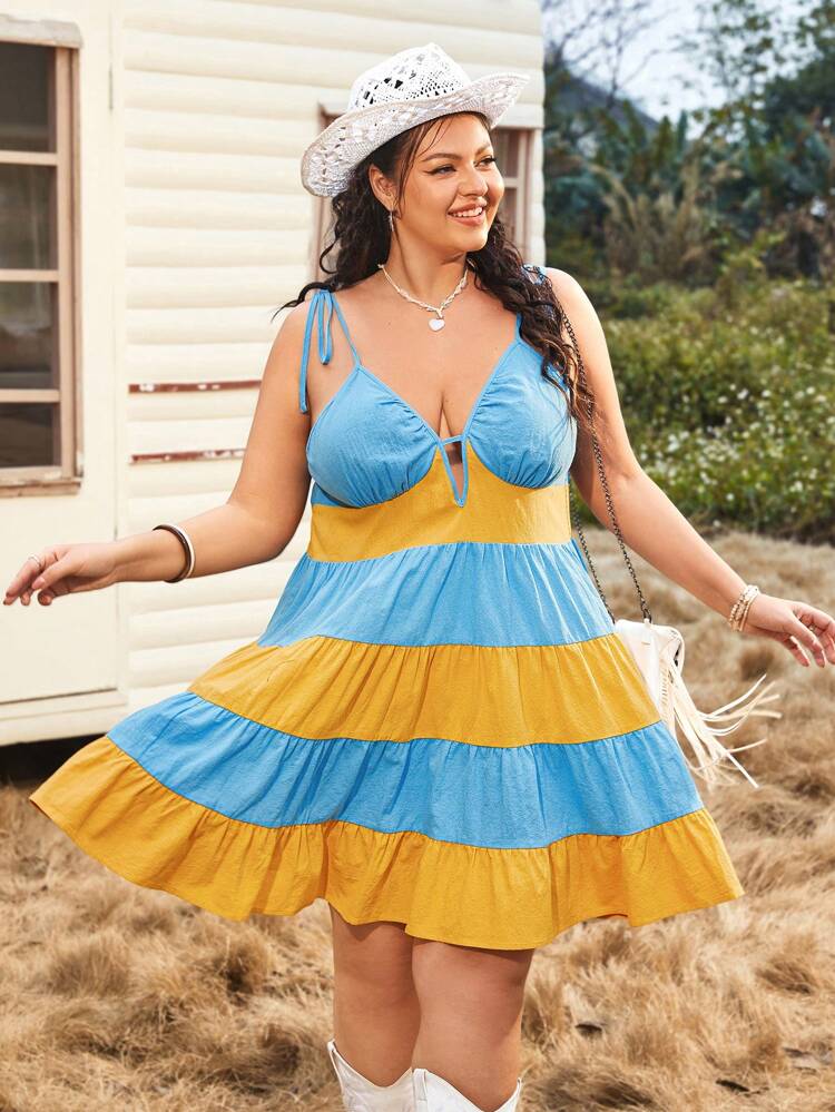 Plus Size Color Block Stripe Lace-Up Backless Cami Dress