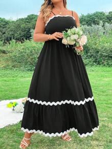 Flirla 大碼女裝顏色塊編織肩帶拼接休閒雪紡連身裙 - 彩色 - 查看 5