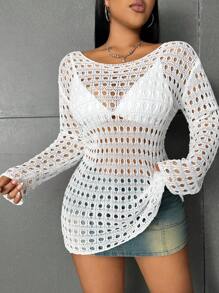 Sunnyshic Vestido De Suéter Para Mujer De Talla Grande Con Cuello Redondo, Hombros Caídos, Manga Larga Y Huecos En El Tejido
