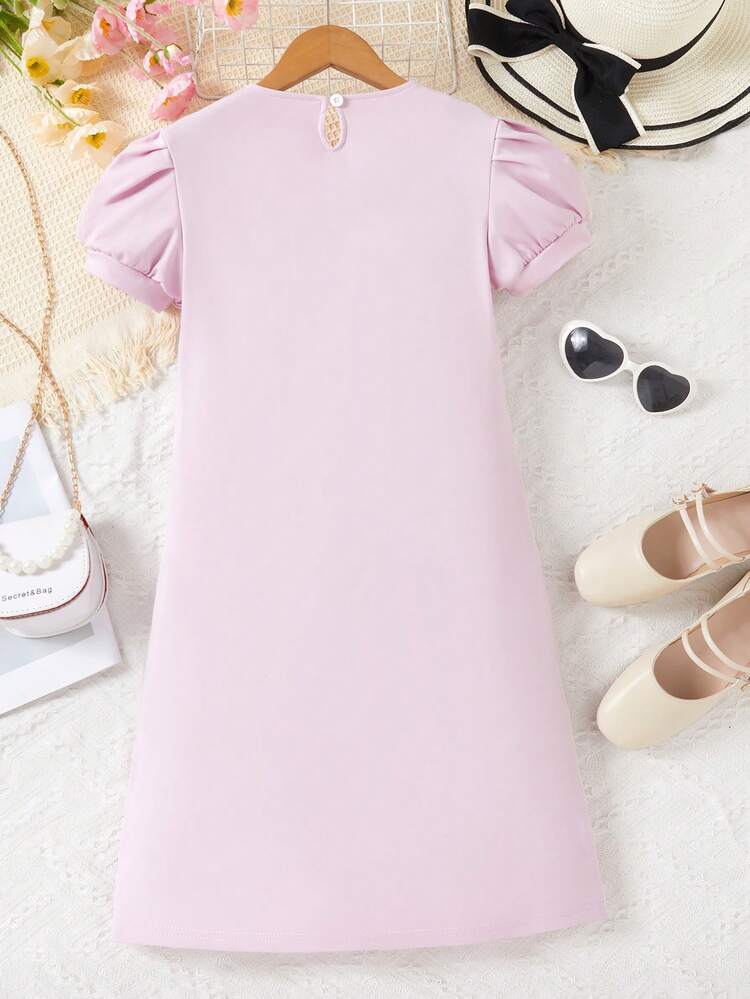 Tween Girl Solid Color Puff Sleeve Double Breasted Dress