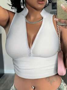 SHEIN Plus Size Solid Color Stand Collar Half Zip Cropped Tank Top For Summer - White - View 3