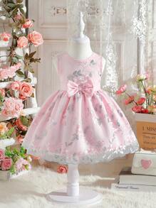 SHEIN Glamorique Kids Đứa bé gái Thanh lịch & Thêu Hoa Nơ Đồ trang trí Váy công chúa Cho bữa tiệc & Yến tiệc - Hồng - Xem 2