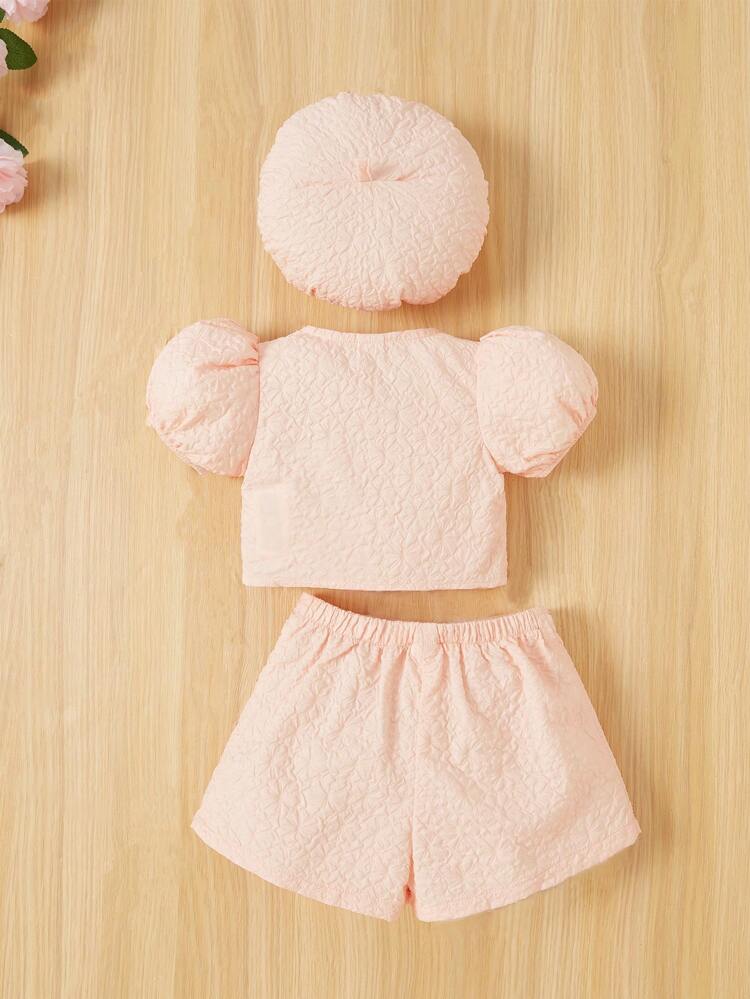 Baby Girl Solid Color Textured Short Sleeve Top, Shorts And Hat Set With Bow Decoration