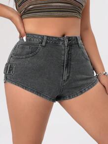 SHEIN ICON Mini Pantalones Cortos De Mezclilla De Talla Grande Y Ajustados - Negro - Ver 5