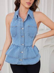 SHEIN Privé Women's Single-Breasted, Ruffled Hem Denim Halter Top - Light Wash - View 4