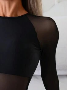 SHEIN Swim Summer Beach Women's Black Mesh Splice One-Piece Swimsuit