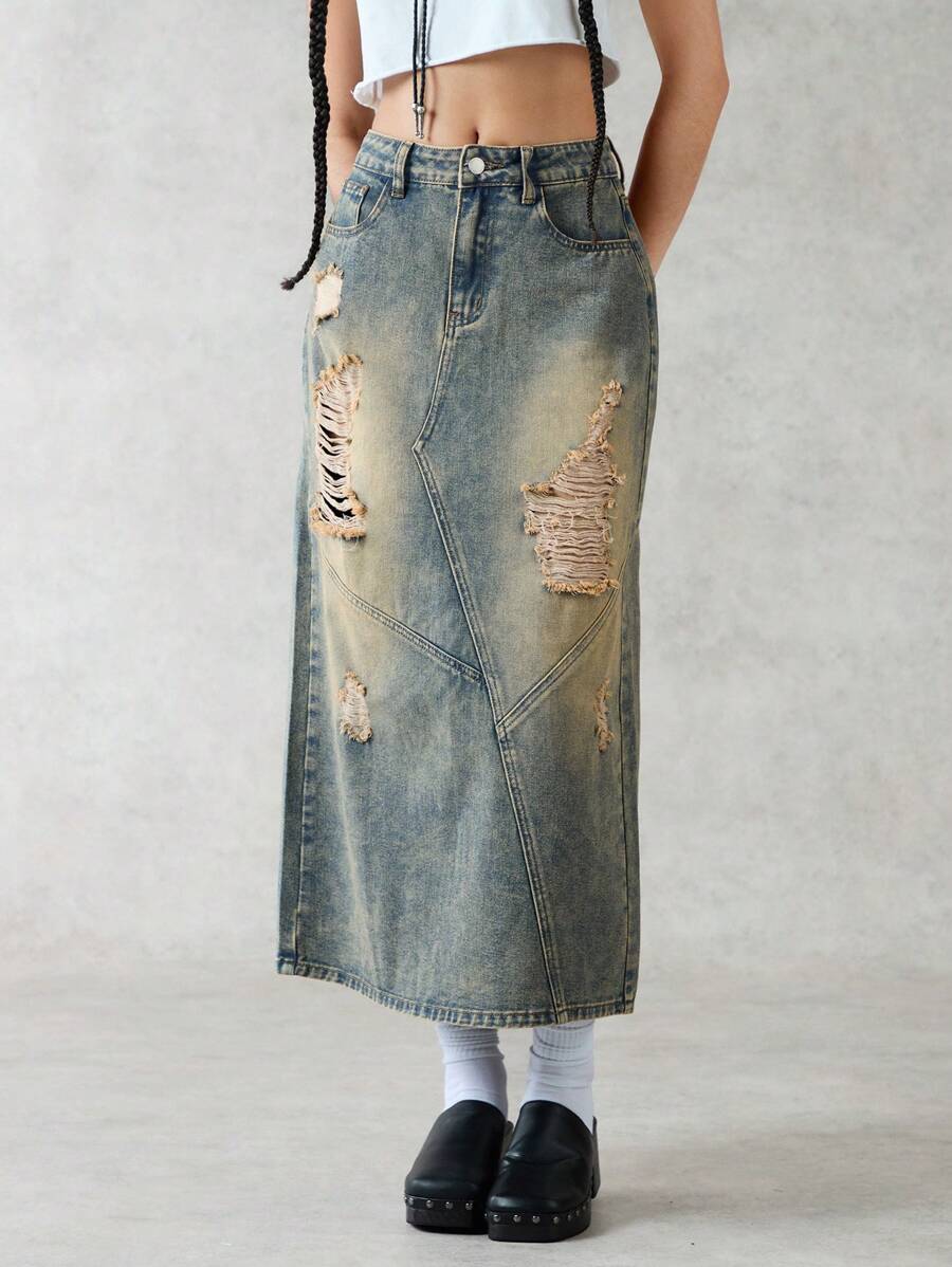 Forever 21 Women's Distressed Denim Skirt - Blue - View 1