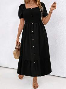 SHEIN LUNE Plus Size Women's Short Bubble Sleeve Dress With Button Decoration And Square Neckline - Black - View 4