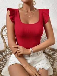 SHEIN VCAY 纯色罗纹针织盖袖 T 恤 - 紅色 - 查看 4