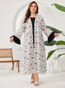 Modelyn Conjunto de 2 piezas de Chaqueta con estampado de flores y flecos y Vestido de unicolor sin mangas talla grande