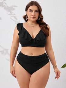 SHEIN Swim Curve 大尺碼單色鬆緊針織泳衣套裝 - 黑色 - 查看 5