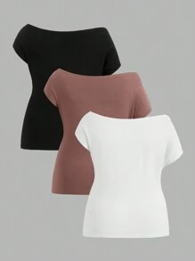 SHEIN SXY 加大尺碼女士3入組扭結打結下擺t恤組合套裝 - 彩色 - 查看 9
