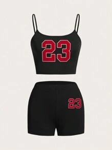 Slaydiva Conjunto informal de verano para mujer de top tipo camiseta y shorts con gráfico del número 23, un conjunto de 2 piezas - Negro - Ver 2