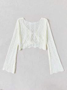 Soleia Women's Solid Color Knit Hollow Out Cardigan With Tie - White - View 3