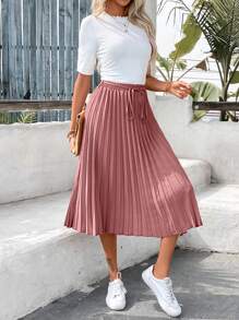 SHEIN Frenchy Solid Color Elastic Waist Pleated Skirt - Redwood - View 5