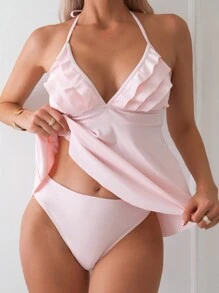 Swim Mod Bộ Tankini cổ dây có cổ xếp nếp màu trơn đi biển mùa hè - Hồng - Xem 1