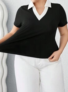 SHEIN Essnce 大尺碼拼色2合1寬鬆短袖t卹,適用於春夏季 - 黑與白 - 查看 6