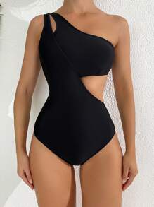 SHEIN Swim 女士單肩無袖腰部切割連體泳衣 - 黑色 - 查看 4