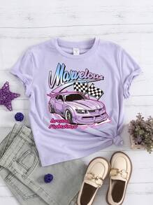 少女休閒車紋短袖T恤，簡約設計，圓領，夏季完美適用 - 紫色 - 查看 1