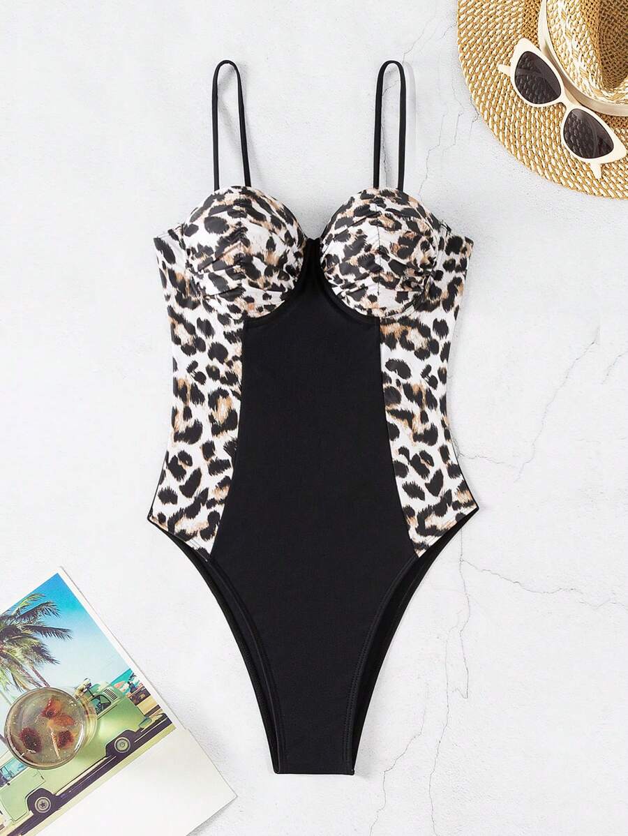 SHEIN Swim Leopard Patchwork Ruched One Piece Swimsuit - Multicolor - View 1