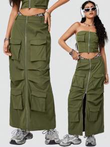 SHEIN EZwear Falda En Estilo De Trabajo Con Línea A Y Múltiples Bolsillos - Verde militar - Ver 8