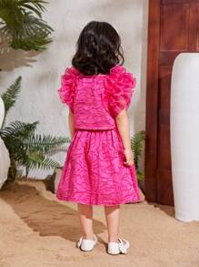 SHEIN Conjunto De Blusa Y Falda Para Niña Joven De Color Sólido Con Ribete De Jacquard Y Volantes