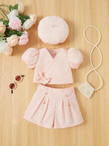 SHEIN 女嬰純色紋理短袖上衣短褲帽子套裝搭配蝴蝶結裝飾 - 玫紅色 - 查看 1