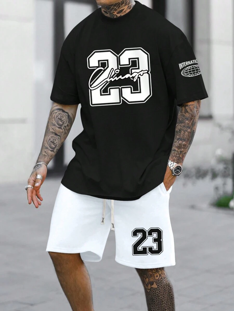 Manfinity Homme Conjunto De Camiseta Com Letras E Números E Shorts Para Homens - Multicolorido - Visão 1