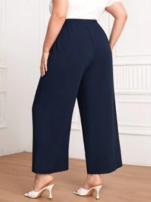 Mulvari 大尺碼純色交叉綁帶寬腳褲 - 藏蓝色 - 查看 2