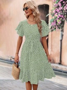Breezaya Floral Print Petal Sleeve Midi Dress - Green - View 6