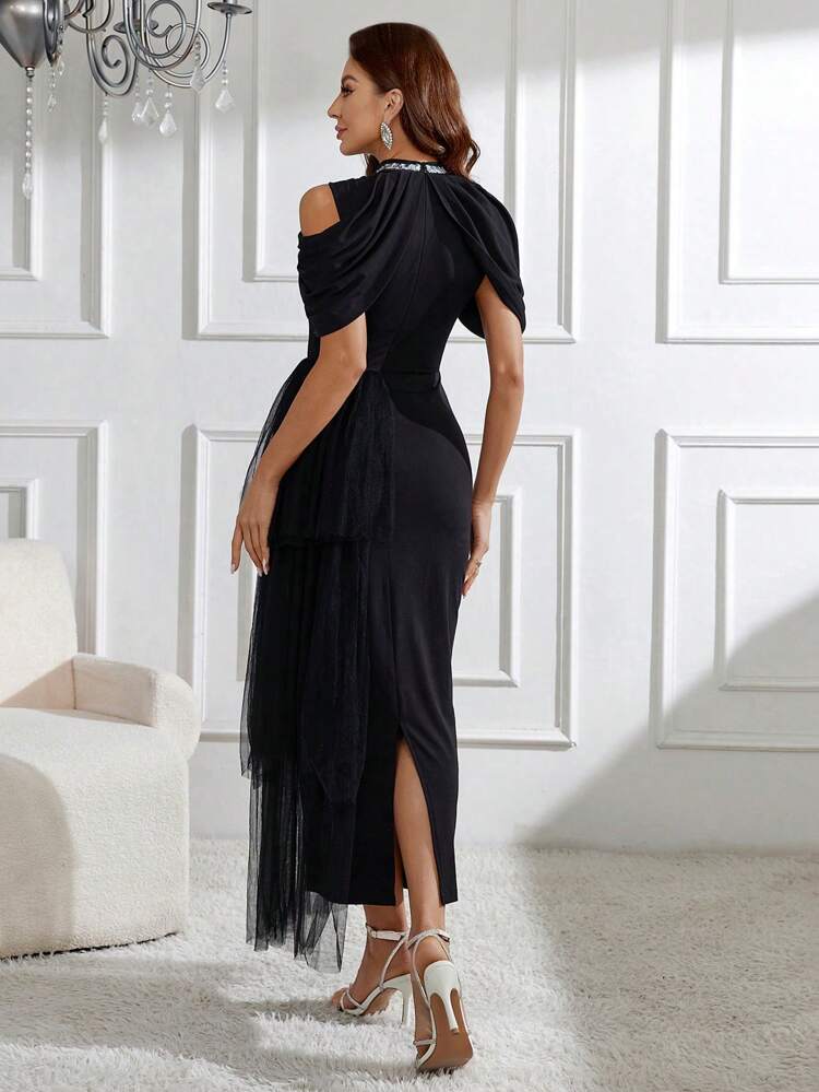 Women's Off Shoulder Multi-Layered Mesh Hem Dress Long Evening Dresses