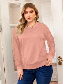 SHEIN LUNE Plus Size Women's Contrast Lace Raglan Long Sleeve Round Neck Sweatshirt Graduation,Back To School,Teacher Pullover Fall Winter Autumn - Pink - View 5