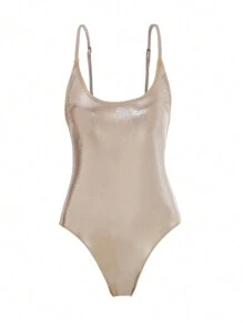 少女款連體背心泳裝，夏日沙灘必備 - 卡其色 - 查看 1
