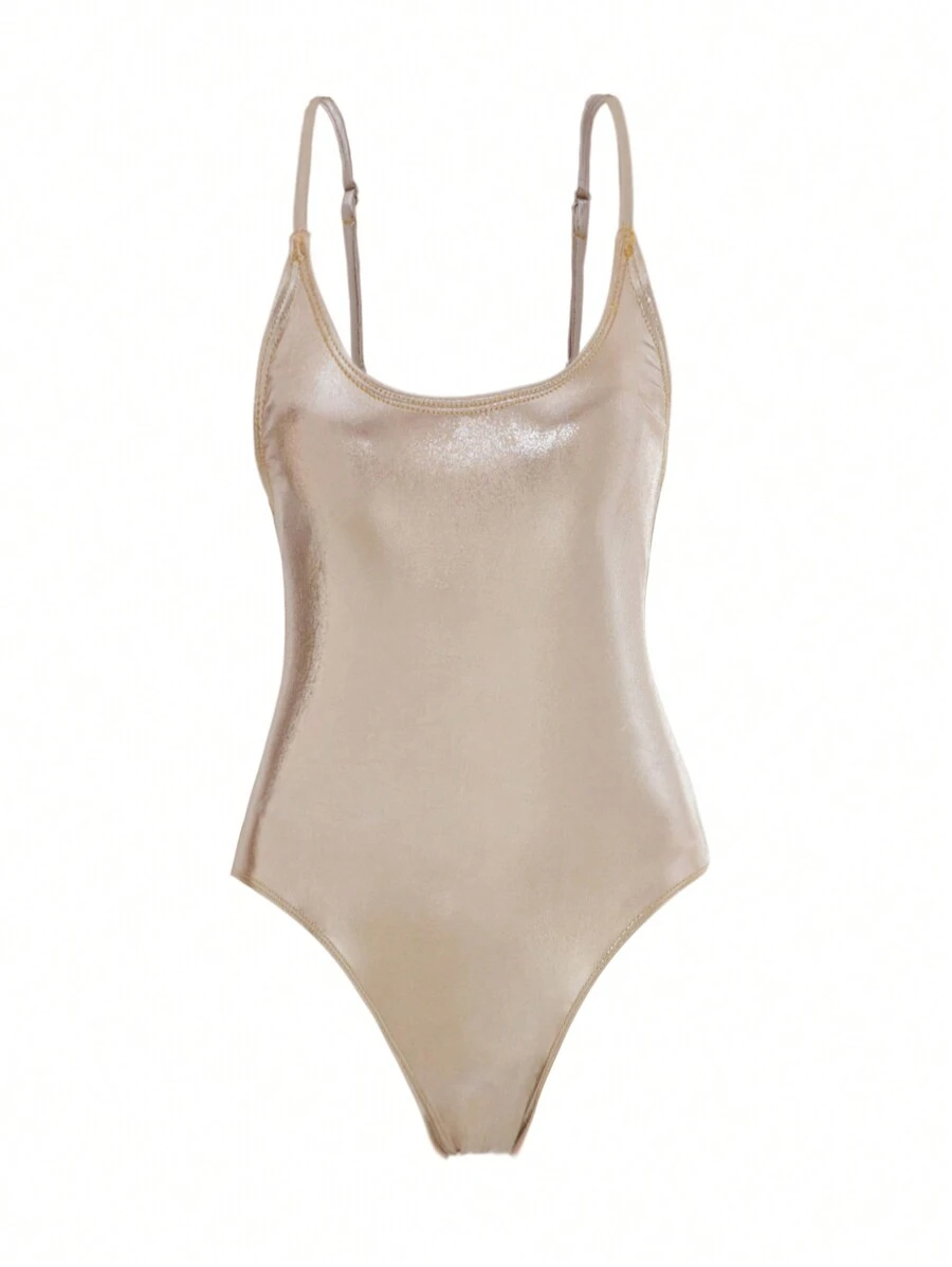 少女款連體背心泳裝，夏日沙灘必備 - 卡其色 - 查看 1