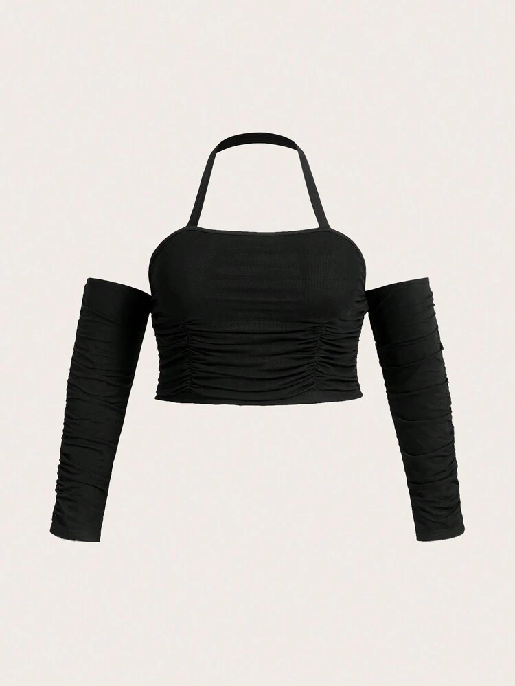 Plus Size Solid Color Net Yarn Pleated Halterneck Long Sleeve T-Shirt Spring Tops Y2k Concert Outfits