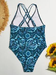 TrendSteals Plus Size Paisley Print One Piece Swimsuit Summer - Green - View 2