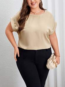 SHEIN Privé 米色春夏優雅日常通勤緞面圓領大尺碼女士襯衫 - 卡其色 - 查看 5